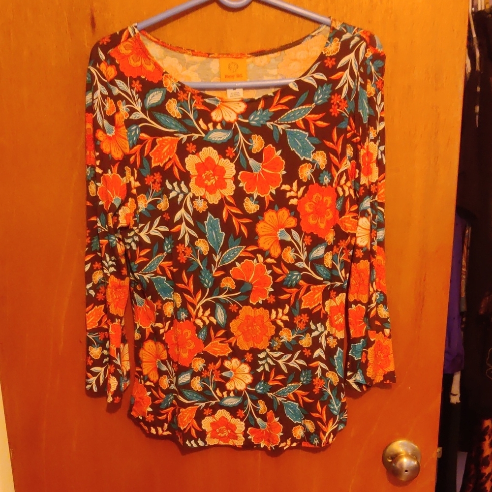 Ruby Rd. Floral Long Sleeve Top - Orange and Blue